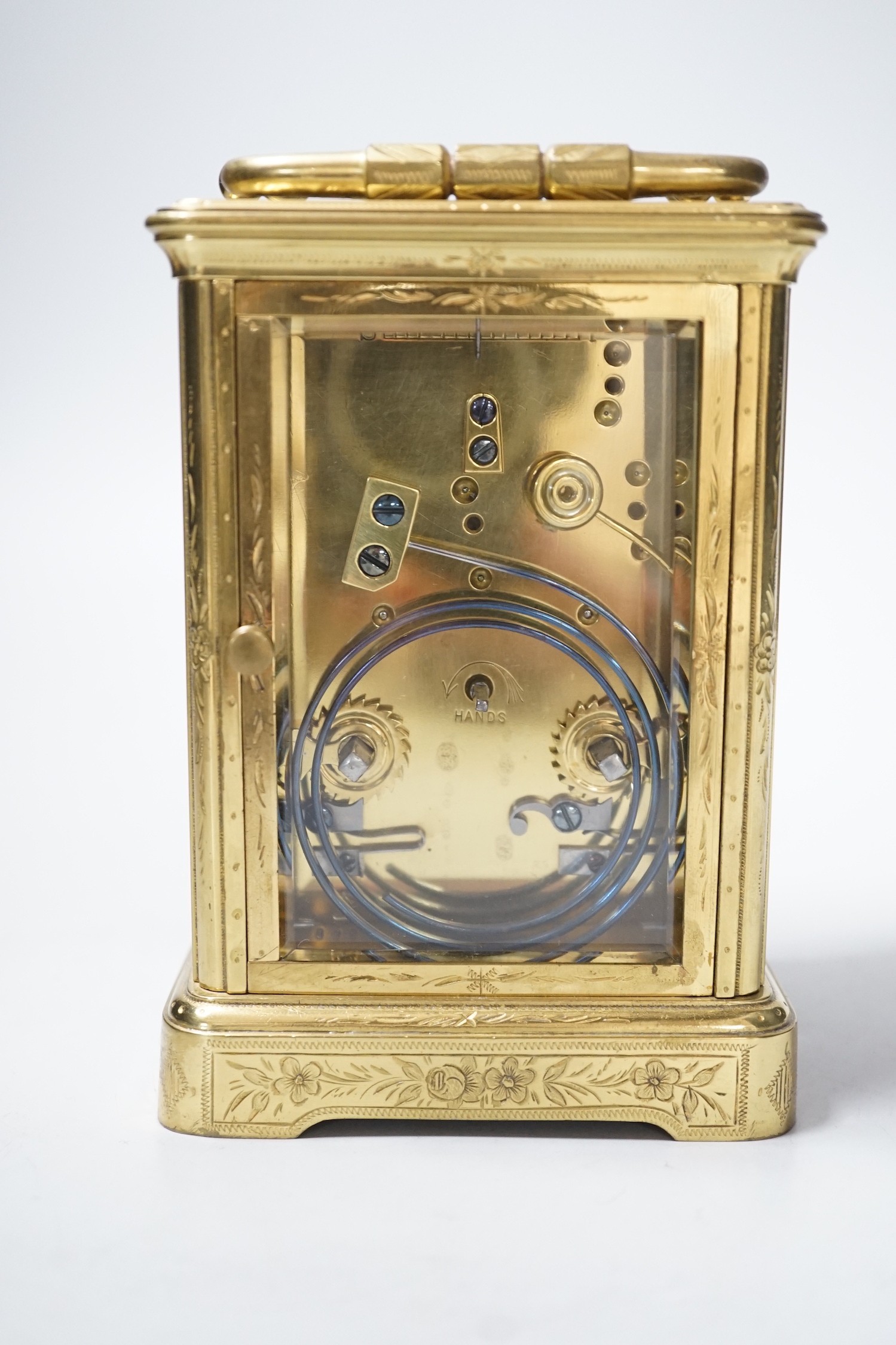 A 19th century engraved brass carriage clock by A Margaine, 14cm